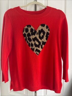 J. Crew 100% cashmere Red Crewneck Sweater with Leopard Heart